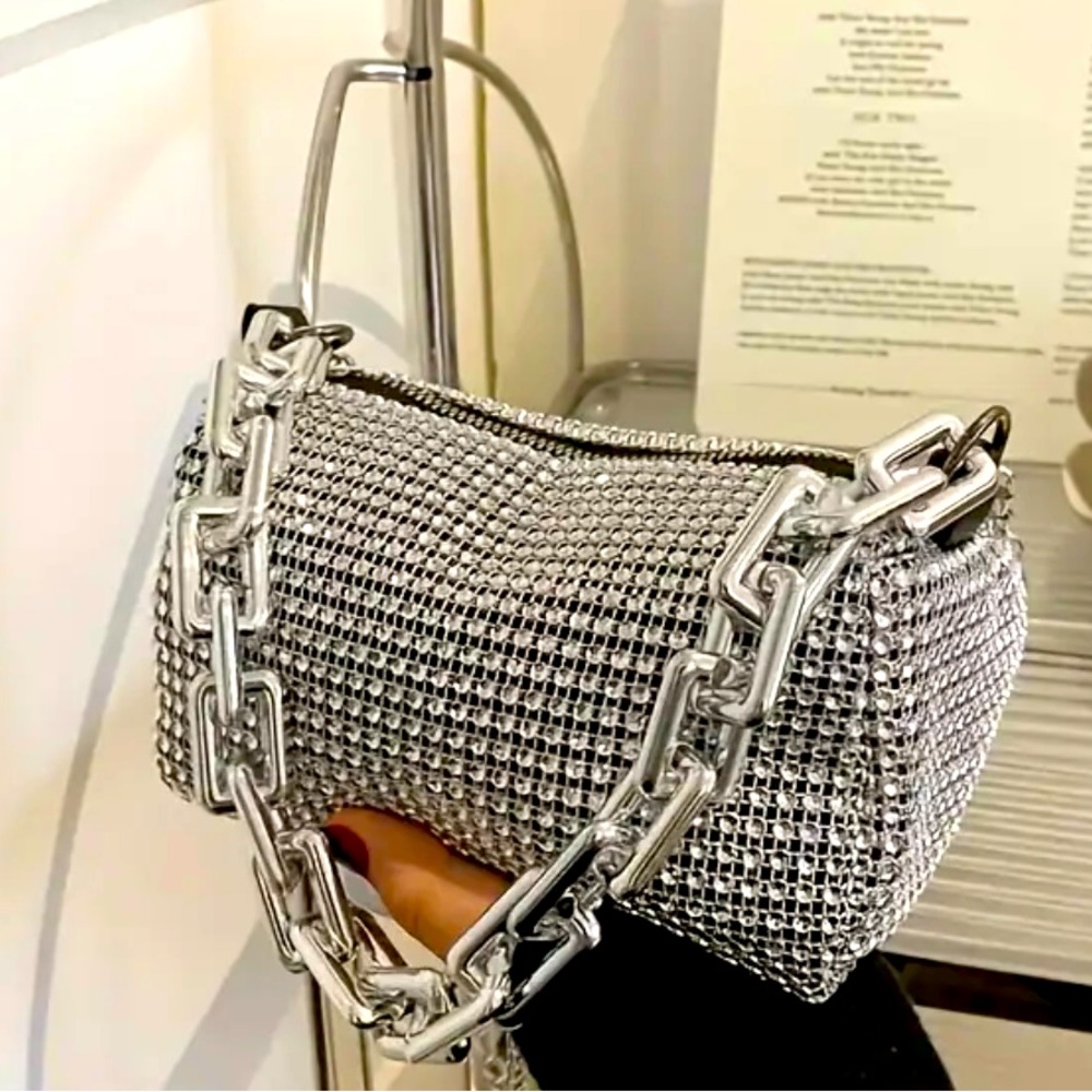 New - Unique - Glamified Crossbody Evening Bag with Chain Straps - Silver.  20-H